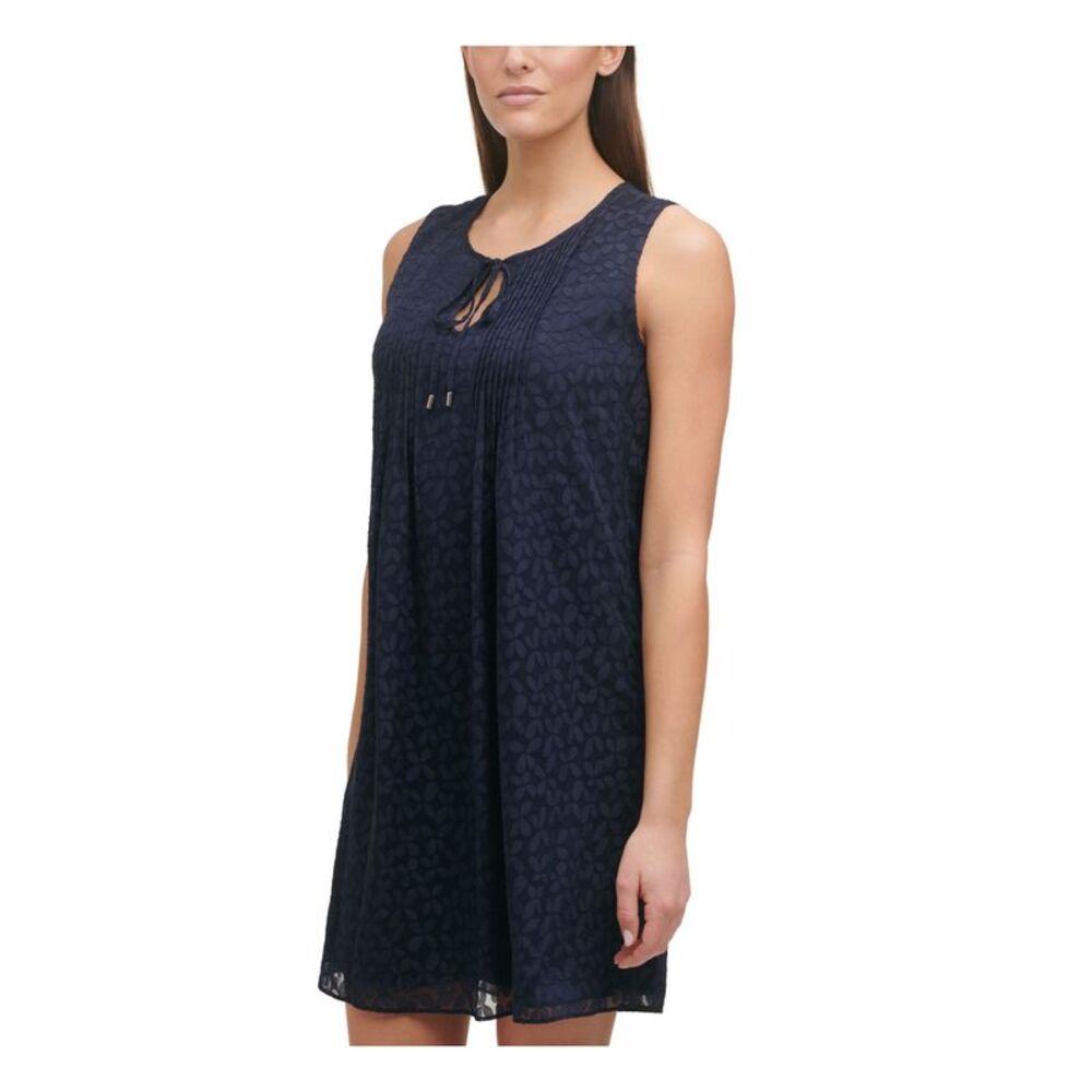 TOMMY HILFIGER Womens Textured Lined Sleeveless Keyhole Short Shift Dress